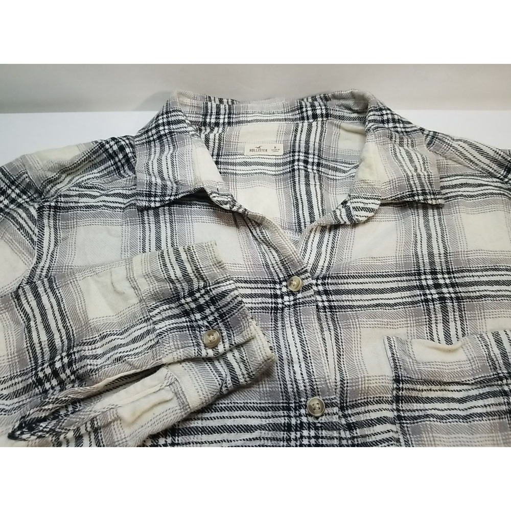 Hollister Womens Plaid Flannel Button Up Shirt‎ Long Sleeve Medium White Black